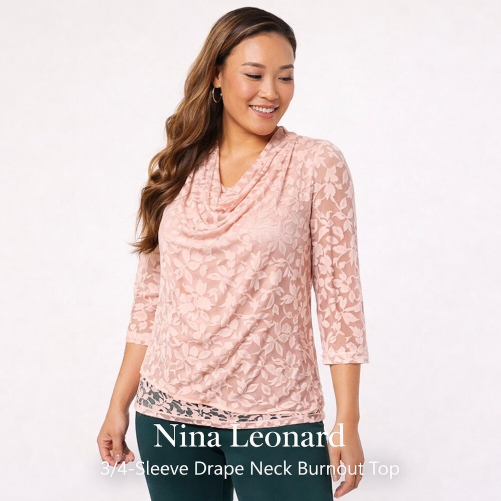 🆕Nina Leonard 3/4-Sleeve Drape Neck Burnout Top Sz L